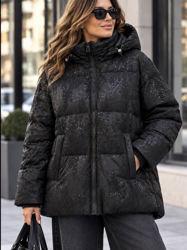 Пайетки Женская куртка Plus Size со стёжкой пайетками и капюшоном