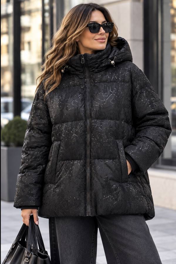 Пайетки Женская куртка Plus Size со стёжкой пайетками и капюшоном