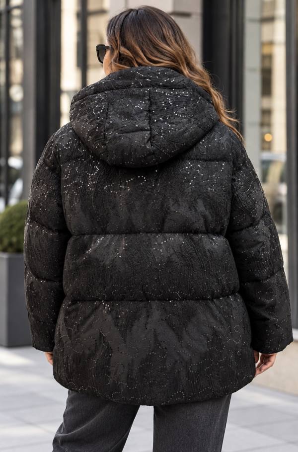 Пайетки Женская куртка Plus Size со стёжкой пайетками и капюшоном