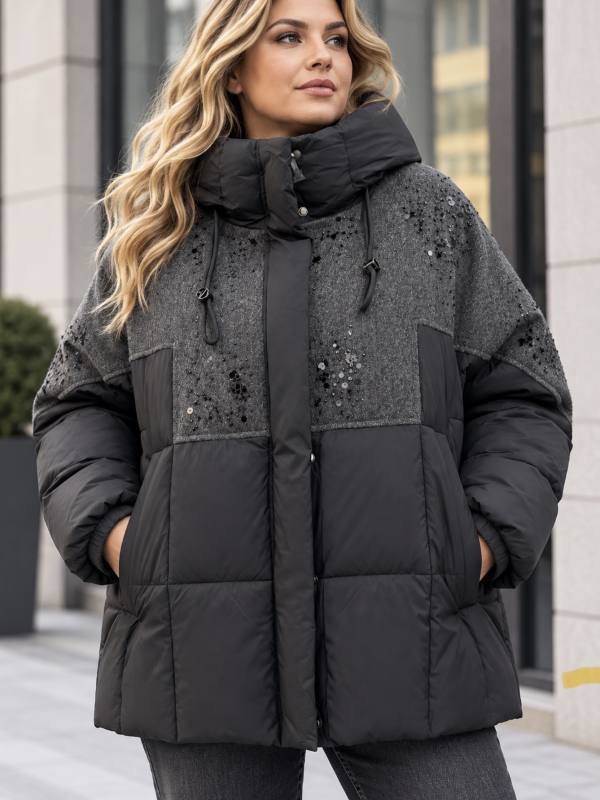 Блеск Женская куртка Plus Size с пайетками и утеплителем из холлофайбера, размеры 48–54